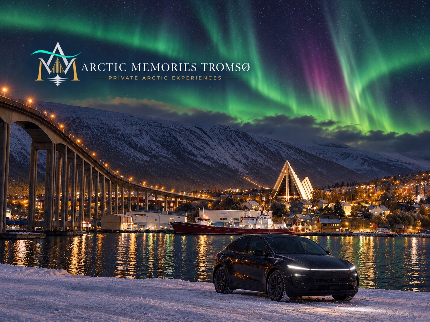 Arctic Memories Tromsø — private Tesla beside the Tromsø bridge, Arctic Cathedral and harbour under the northern lights